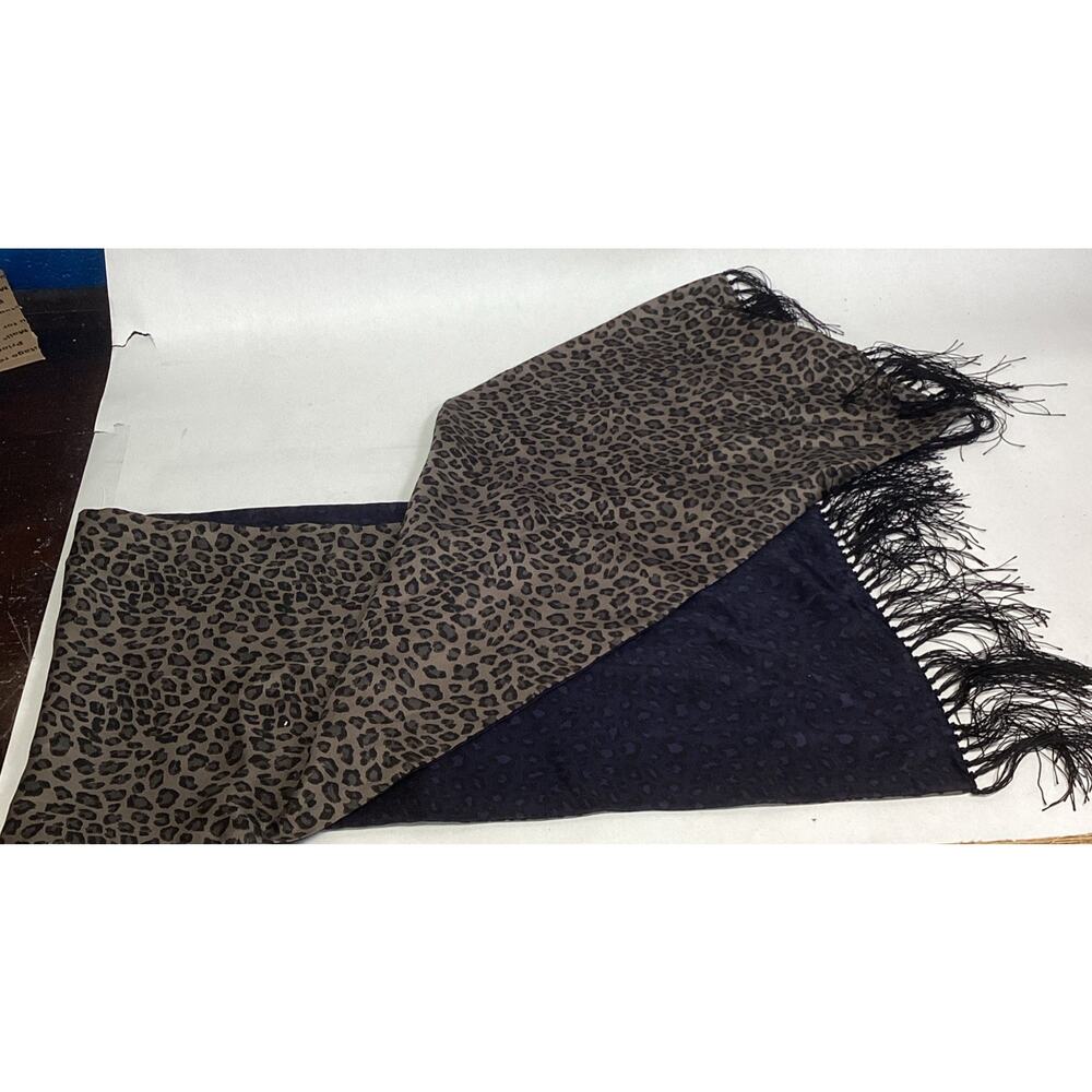 Reversible Leopard Print Scarf With Black Fringe - 50”L